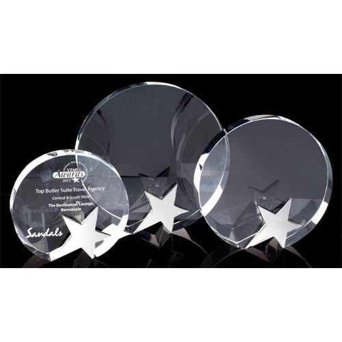 Extra Large Round crystal award with chrome star 170mm high