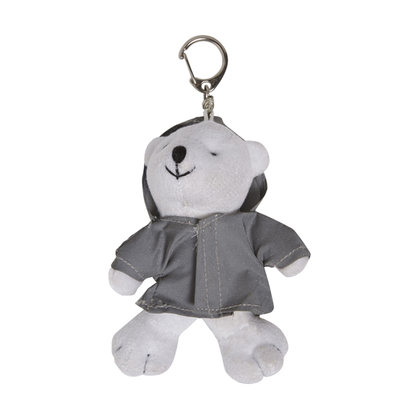 Plush polar bear in a reflective hoodie with a key ring.