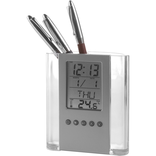 Pen holder with clock in Black/silver