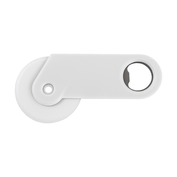 Plastic pizza cutter and bottle opener. in white