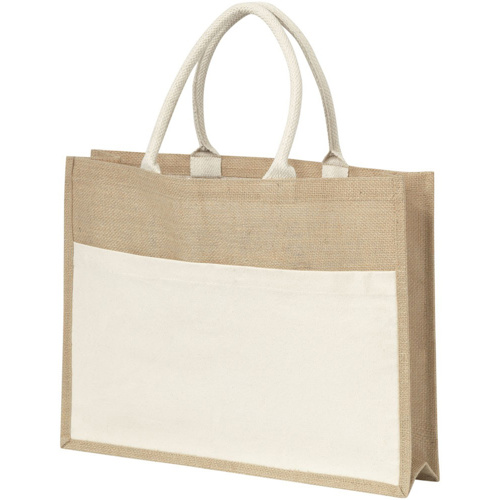 Jute bag with a cotton front pocket.