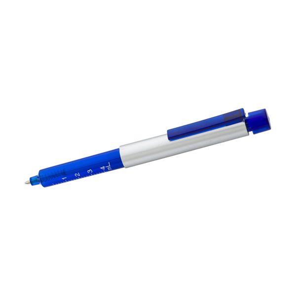 Plastic syringe shaped ballpen with blue ink.