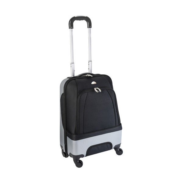 Trolley with silver coloured plastic parts with four wheels, includes a zipped front pocket, extendable handle and a zipper lock. Includes metal plate for engraving purposes.