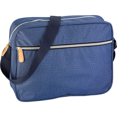Polyester (300D) laptop bag in denim look with one large zipped front pocket, one large soft padded main compartment and adjustable carry strap.