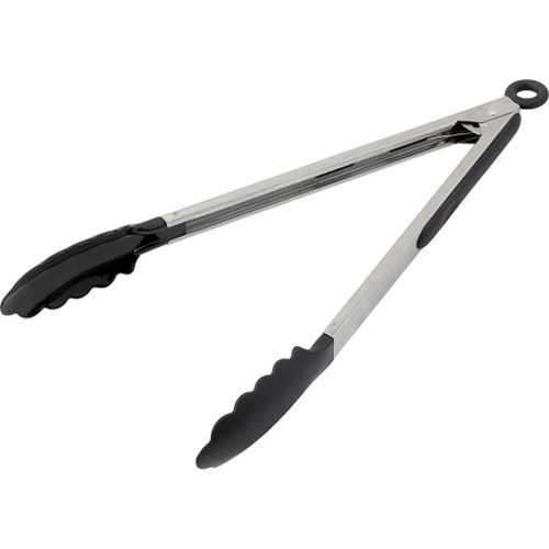 Food tongs with a rubber gripped handle. in black-and-silver