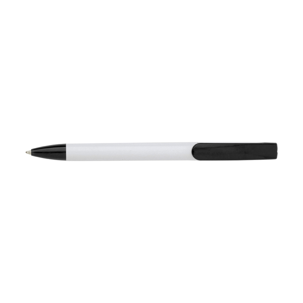 Plastic ballpen with blue ink. in white-and-red