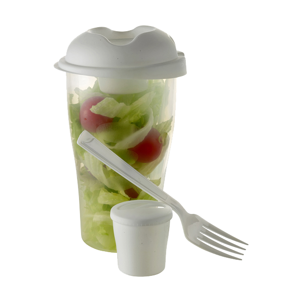 Salad container with cup and fork. in white