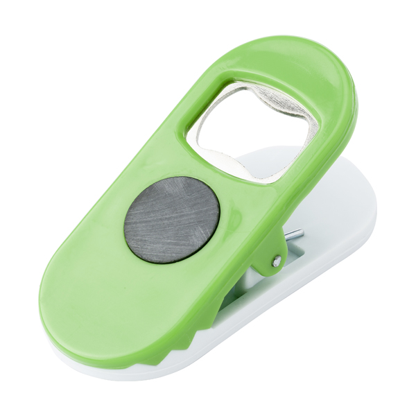 Bottle opener with large clip and magnet.