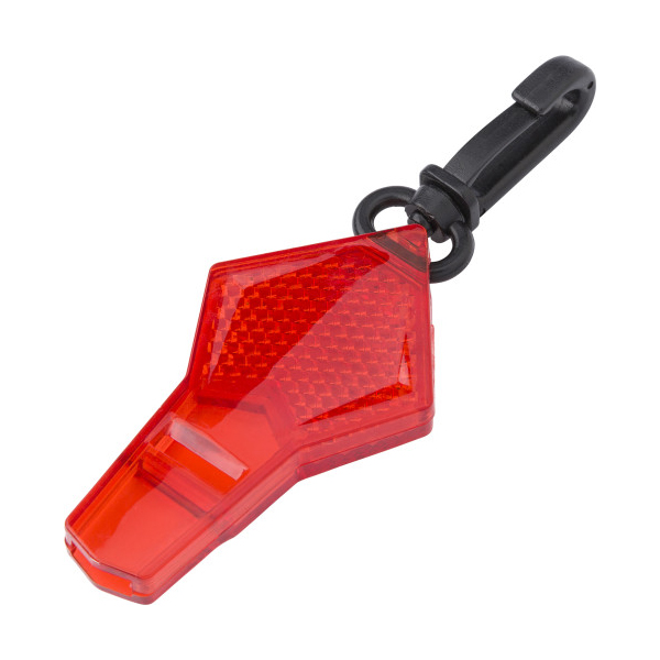 Reflecting plastic whistle on a belt clip.