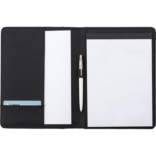 A5 Pad folio with PU cover,  a large internal pocket, one smaller sewed on pocket, an elasticated pen loop, and a 50 page lines note pad.  in Brown