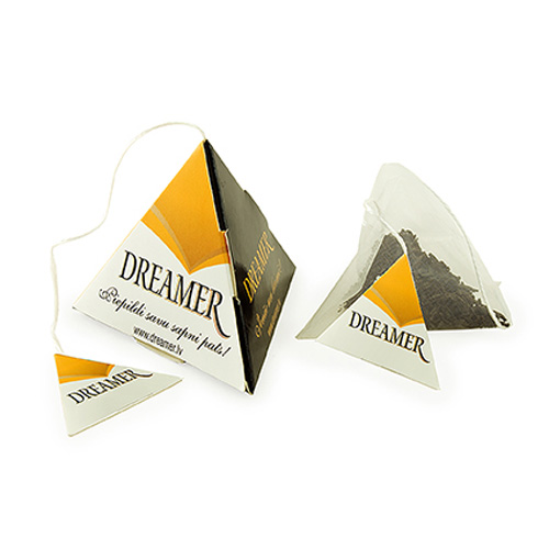Pyramid tea bag with printed tag