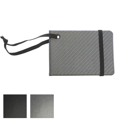 Carbon Fibre Effect Notebook Style Luggage Tag with Elastic Retainer.