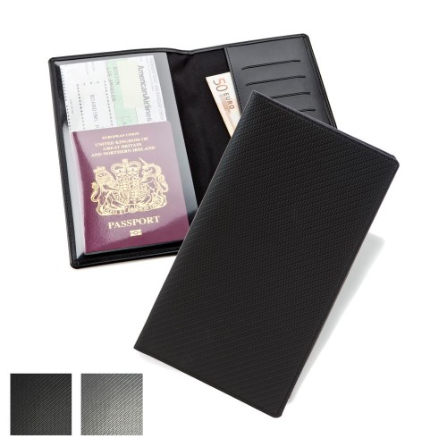 Carbon Fibre Texture Travel Wallet with one clear pocket and one material pocket with card slots.