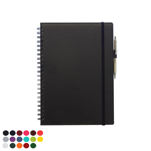 Belluno PU Colours Deluxe A4 Wiro Notebook with soft touch leather look cover to both sides, Elastic Strap to close, Elastic Pen Loop, Clear interior pocket, lined ivory paper.