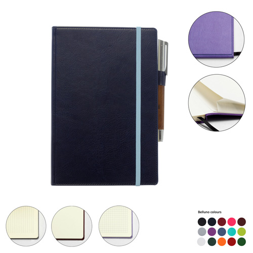 A5 Casebound Notebook with Edge Stitch Emboss, Elastic Strap, Envelope Pocket & Pen Loop in a choice of Belluno Colours