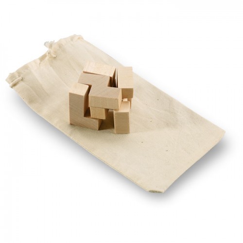 Wooden puzzle in cotton pouch in wood