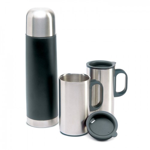 Insulation flask with 2 mugs in black