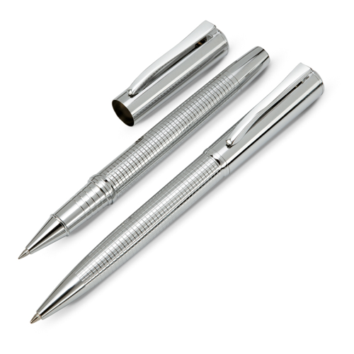 Ball pen and roller pen in shiny-silver