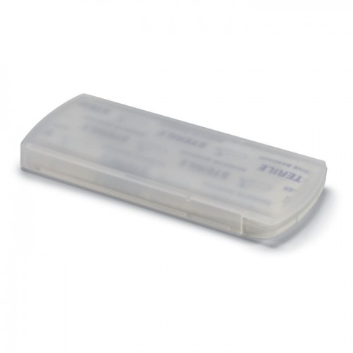 Container with plasters in transparent-blue