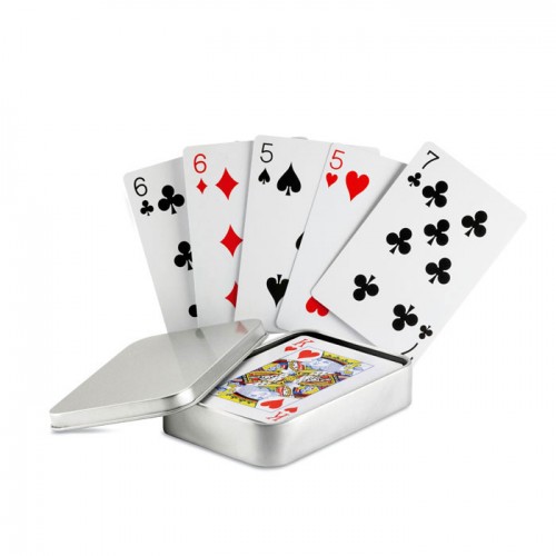 Playing cards in tin box in 