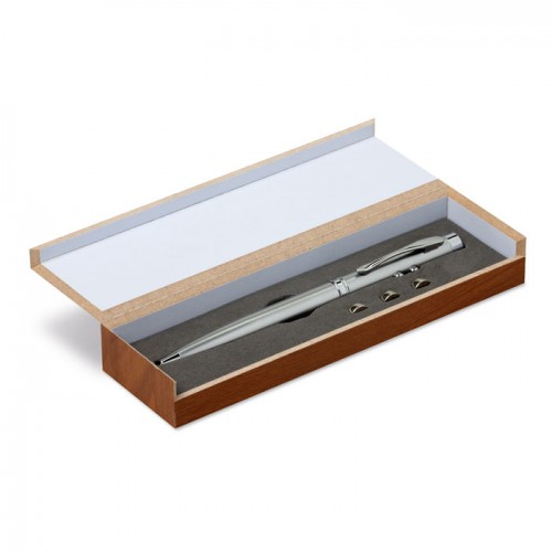 Laser pointer in wooden box in silver