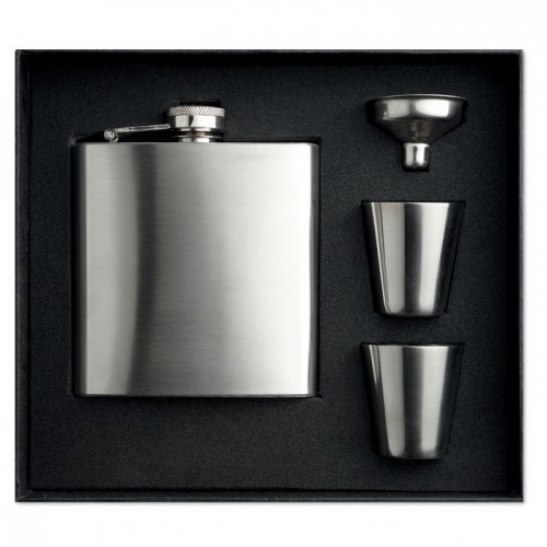 Slim hip flask w 2 cups set in matt-silver