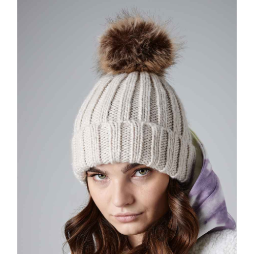 Beechfield Faux Fur Pop Pom Chunky Beanie