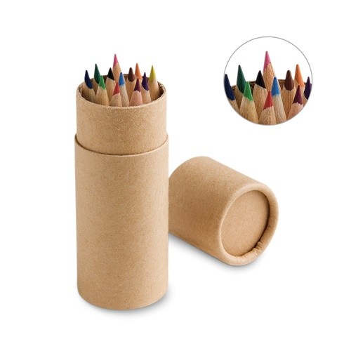 CYLINDER. Pencil box with 12 coloured pencils in beige