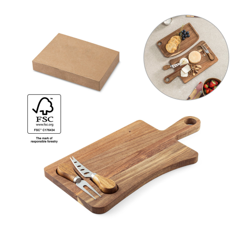 CASSIA. Acacia wood cheese board with two utensils