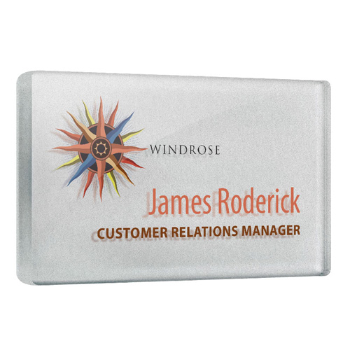 Personalised Acrylic Name Badges, silver background, full colour print