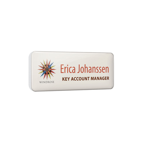 Personalised Plastic Name Badges, spot colour print with clear dome finish