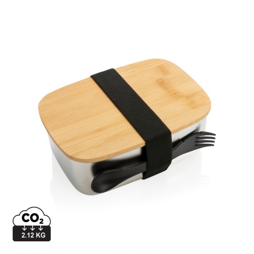 Stainless steel lunchbox with bamboo lid and spork in 