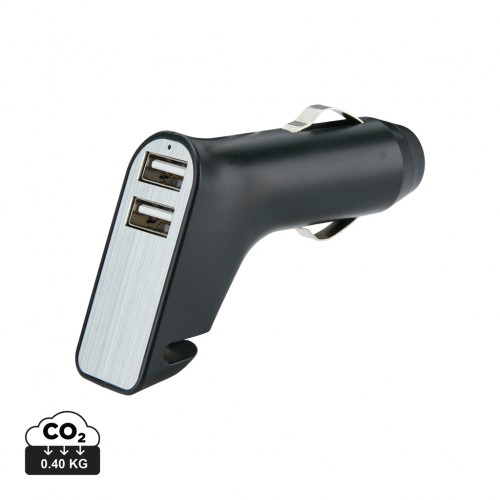 Dual port car charger with belt cutter and hammer in Black