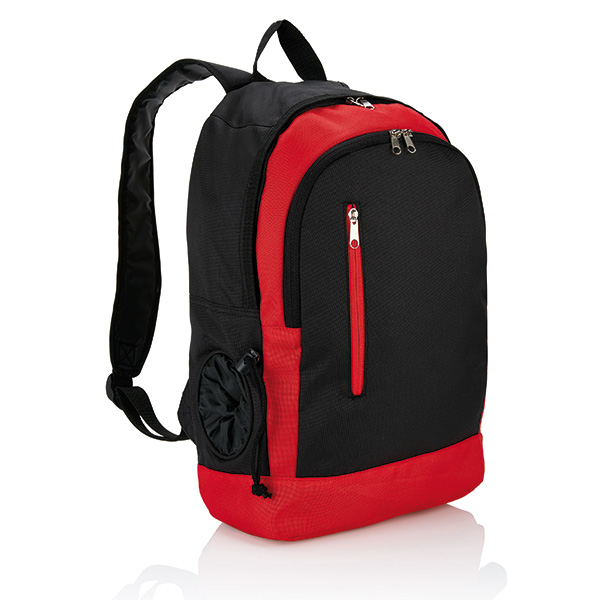 Backpack with water bottle pocket, red/black