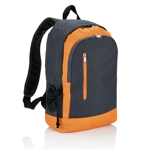Backpack with water bottle pocket, orange/grey