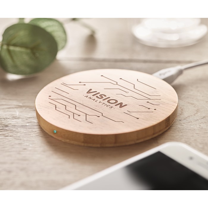 Printed Round wireless charger bamboo